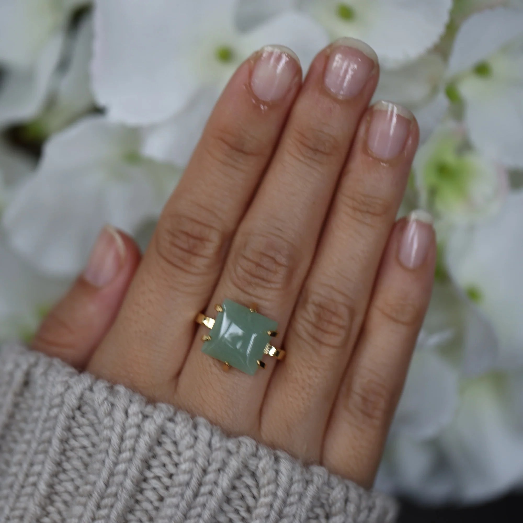 Adjustable Aventurine Gold Plated Square Ring - Crystal Jewellery > Gemstone Rings