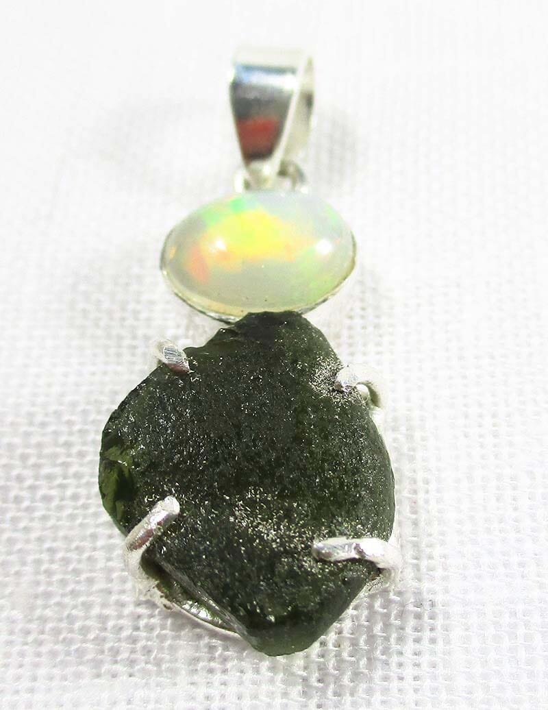 Genuine Moldavite and Opal Pendant (Smallish) - Crystal Jewellery > Crystal Pendants