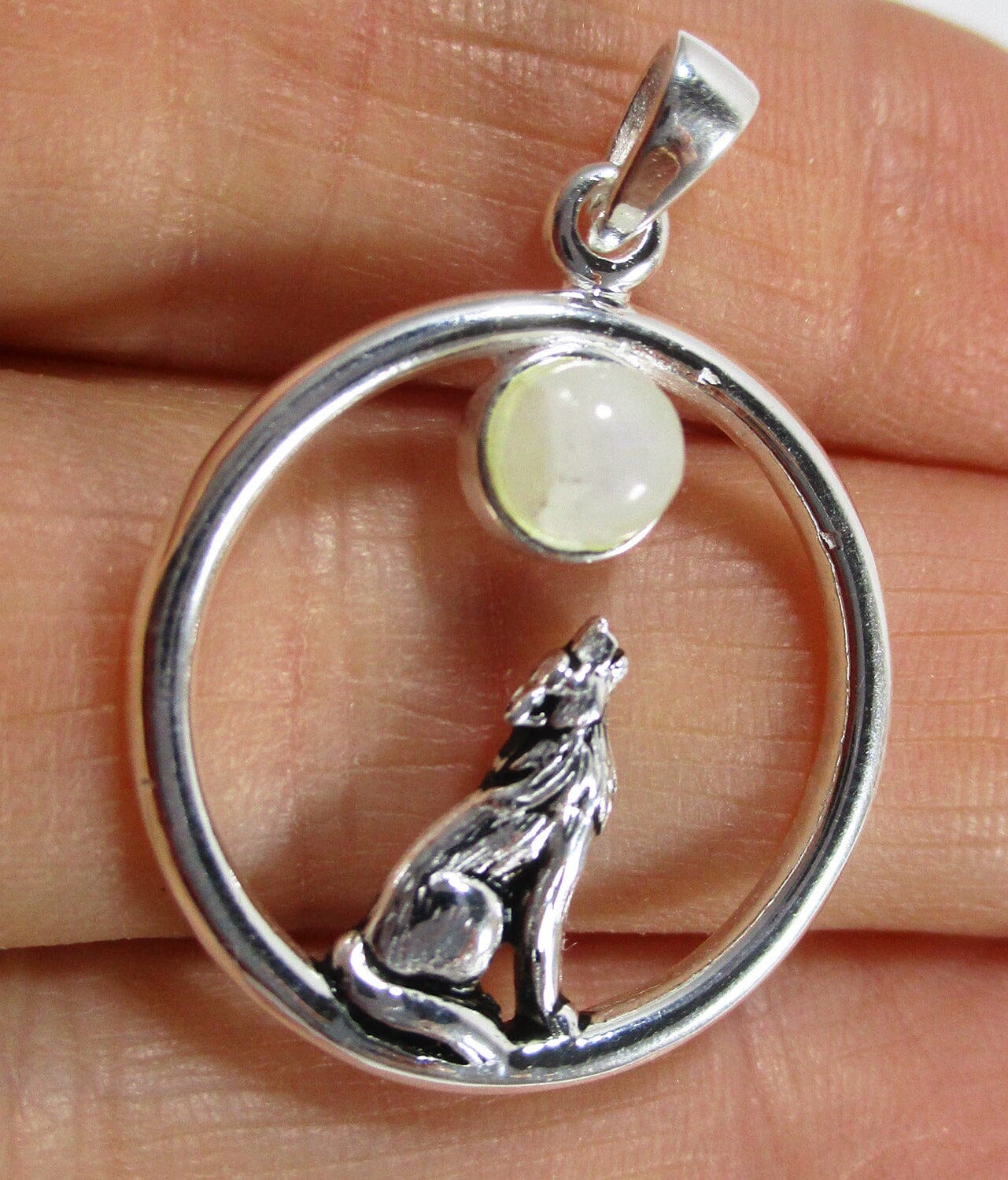 Moonstone Howling Wolf Silver Pendant - Crystal Jewellery > Crystal Pendants