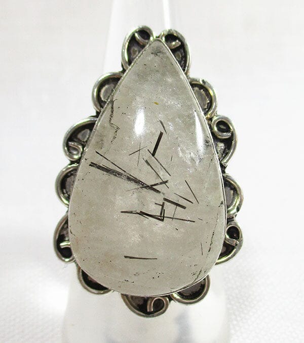 Tourmalinated Quartz Indian Style Ring (Silver Plated) Size 0 - Crystal Jewellery > Gemstone Rings