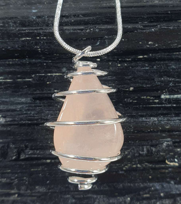 Wire Wrapped Rose Quartz Pendant on 18" Silver Plated Chain | Crystal Jewellery | Crystal Pendants