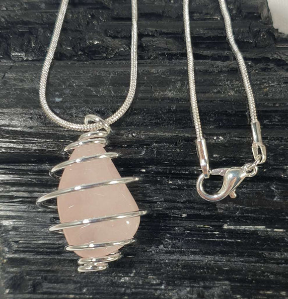 Wire Wrapped Rose Quartz Pendant on 18" Silver Plated Chain | Crystal Jewellery | Crystal Pendants