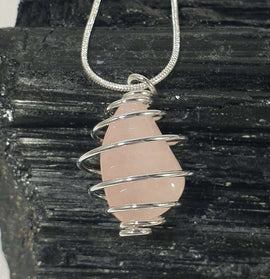 Wire Wrapped Rose Quartz Pendant on 18" Silver Plated Chain | Crystal Jewellery | Crystal Pendants