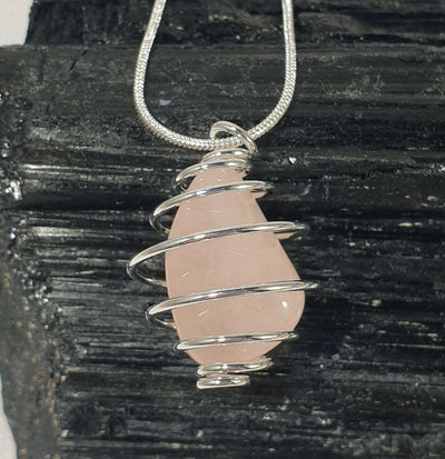 Wire Wrapped Rose Quartz Pendant on 18" Silver Plated Chain | Crystal Jewellery | Crystal Pendants