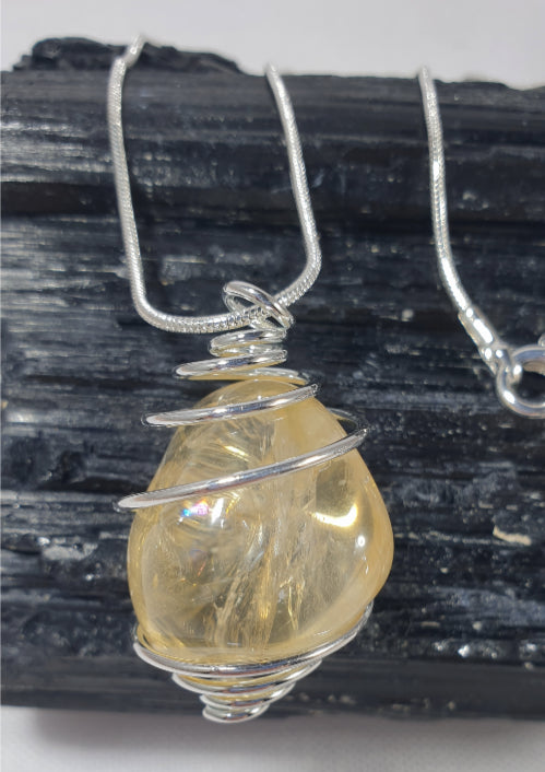 Citrine Wire Wrapped pendant on Silver Plated 18" Chain | Crystal Jewellery | Crystal Pendants