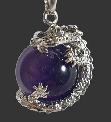 Amethyst Sphere Dragon Pendant Tibetan Silver | Crystal Jewellery | Crystal Pendants