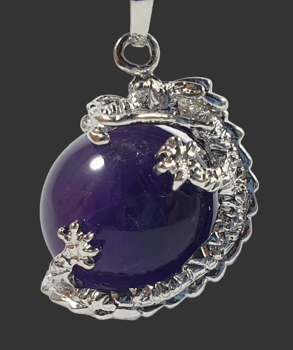 Amethyst Sphere Dragon Pendant Tibetan Silver | Crystal Jewellery | Crystal Pendants