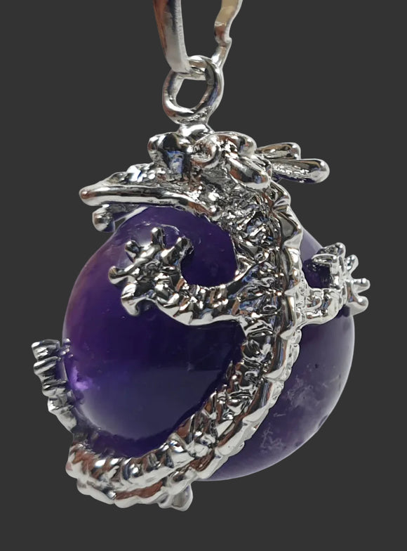 Amethyst Sphere Dragon Pendant Tibetan Silver | Crystal Jewellery | Crystal Pendants