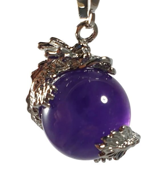 Amethyst Sphere Dragon Pendant Tibetan Silver | Crystal Jewellery | Crystal Pendants