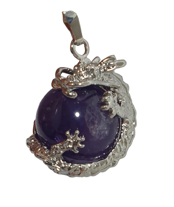Amethyst Sphere Dragon Pendant Tibetan Silver | Crystal Jewellery | Crystal Pendants