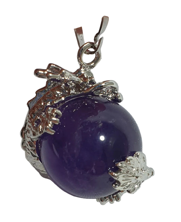 Amethyst Sphere Dragon Pendant Tibetan Silver | Crystal Jewellery | Crystal Pendants