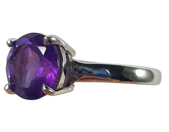 Amethyst Faceted Round Silver Ring (Size R) | Crystal Jewellery | Gemstone Rings