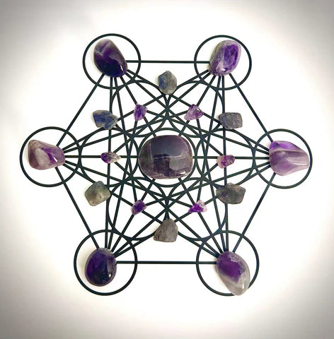 Amethyst crystal grid with black lines to show the grid and purple amethyst crystals