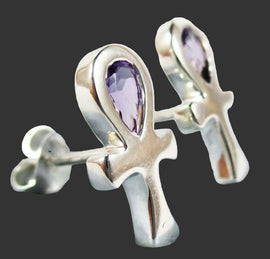 Silver Amethyst Ankh Stud Earrings | Crystal Jewellery | Gemstone Earrings