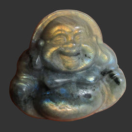 Golden Mini Labradorite Laughing Buddha | Crystal Carvings | Hand Carved Buddhas