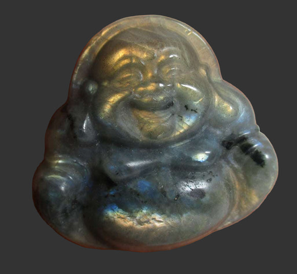 Golden Mini Labradorite Laughing Buddha | Crystal Carvings | Hand Carved Buddhas