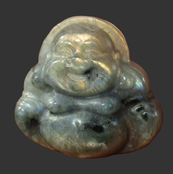 Golden Mini Labradorite Laughing Buddha | Crystal Carvings | Hand Carved Buddhas