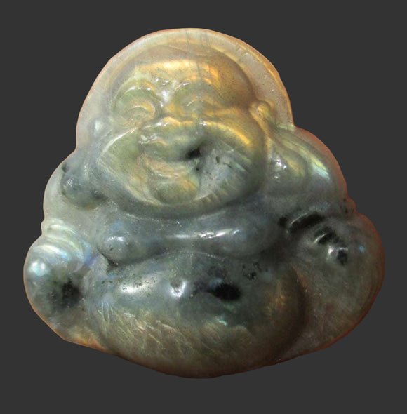 Golden Mini Labradorite Laughing Buddha | Crystal Carvings | Hand Carved Buddhas