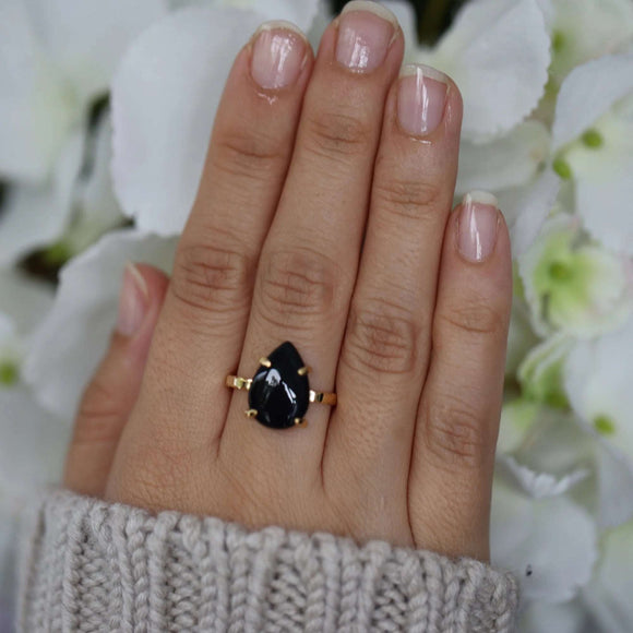 Adjustable Black Onyx Healing Crystal Gold Plated Ring | Crystal Jewellery | Gemstone Rings