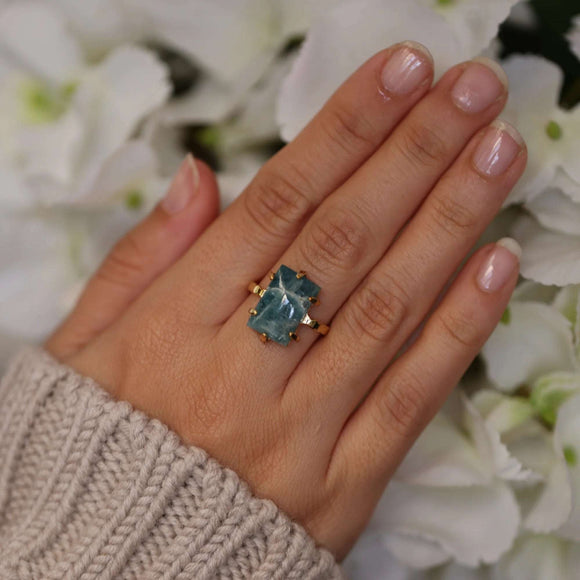 Adjustable Blue Apatite Crystal Rectangle Ring | Crystal Jewellery | Gemstone Rings