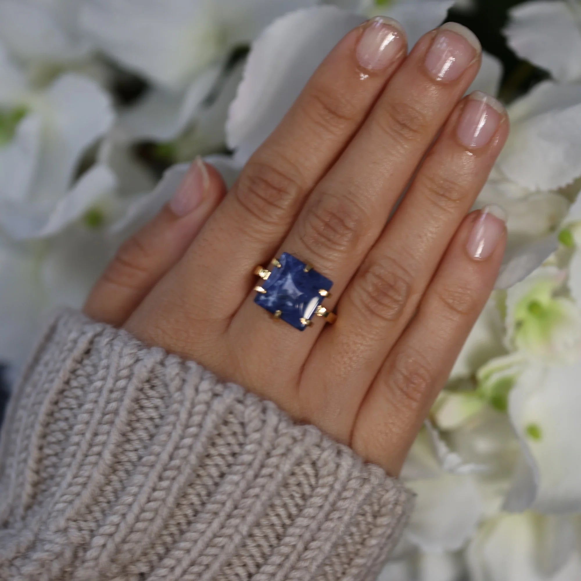 Adjustable Sodalite Square Ring Crystal Jewellery > Gemstone Rings