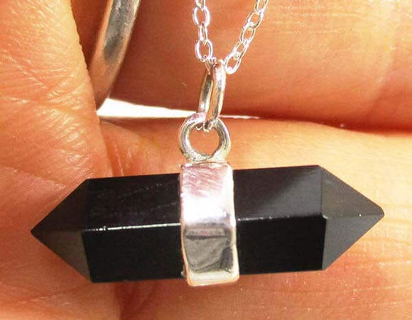 Black Onyx Crystal Point Pendant on Silver Chain | Crystal Jewellery | Point Pendants