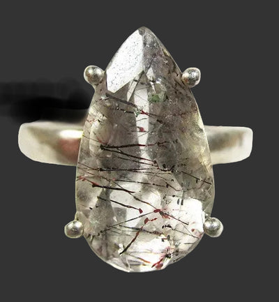 Haematite and Tourmalinated Quartz Ring (Size O) | Crystal Jewellery | Gemstone Rings