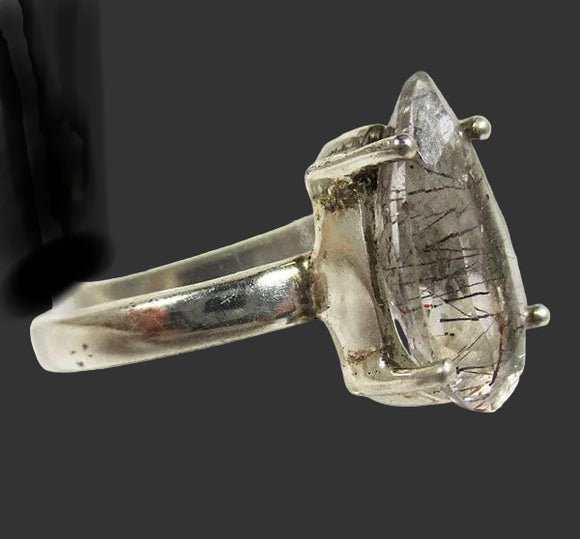 Haematite and Tourmalinated Quartz Ring (Size O) | Crystal Jewellery | Gemstone Rings