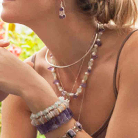 Jem wearing a range of crystal jewellery; bracelets, necklaces and earrings