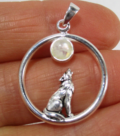 Moonstone Howling Wolf Silver Pendant Crystal Jewellery > Crystal Pendants