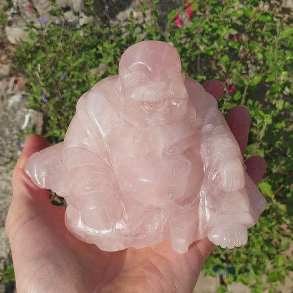 Rose Quartz Crystal Laughing Buddha (XLarge) | Crystal Carvings | Hand Carved Buddhas