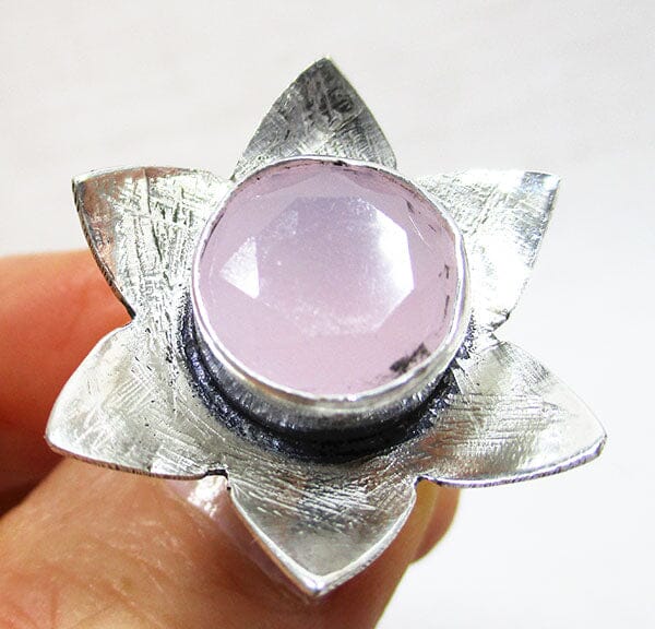 Rose Quartz Flower Ring (Silver Plated) Size P - Crystal Jewellery > Gemstone Rings