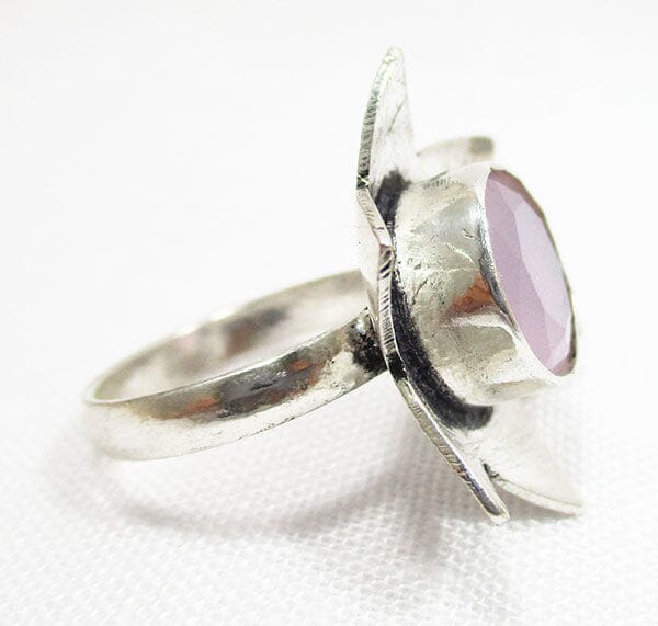 Rose Quartz Flower Ring (Silver Plated) Size P - Crystal Jewellery > Gemstone Rings