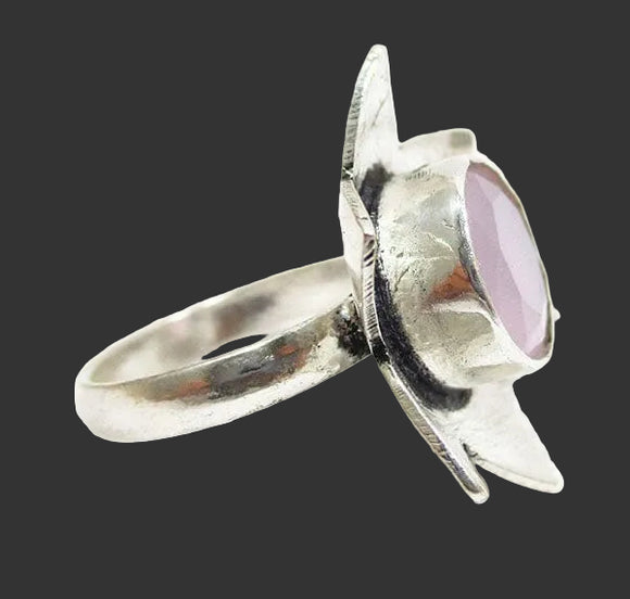 Rose Quartz Crystal Flower Ring (S.Plated) Size P | Crystal Jewellery | Gemstone Rings