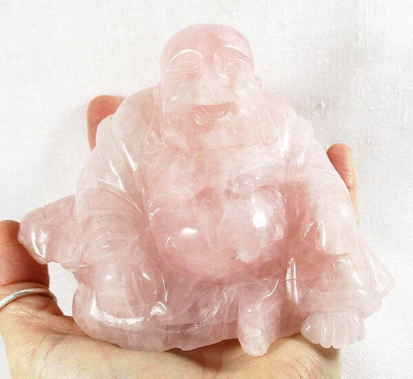 Rose Quartz Crystal Laughing Buddha (XLarge) | Crystal Carvings | Hand Carved Buddhas